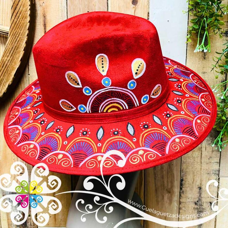 Red Rhombus Mitla Velvet Hat - Hand Painted Hat main image 1