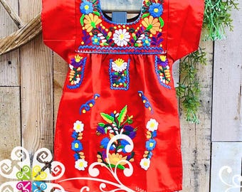 Red Embroidered Mexican Girl's Dress – Tehuacan 5 de Mayo Summer Dress
