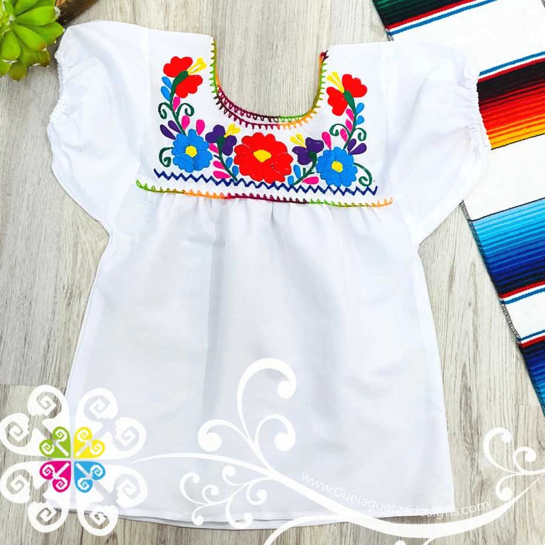 Girl's White Tehuacan Top Embroider Blouse 5 De Mayo Top Mexican Blouse ...