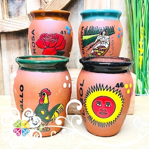 Set of 4 Mexican Loteria Clay Cantaritos - Mexican Cup - Handmade Cup - Cantarito