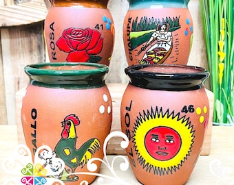 Set of 4 Mexican Loteria Clay Cantaritos - Mexican Cup - Handmade Cup - Cantarito