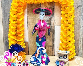 Small Paper Mache Day of the Dead Decor - Catrina Statue - Mexican Catrina