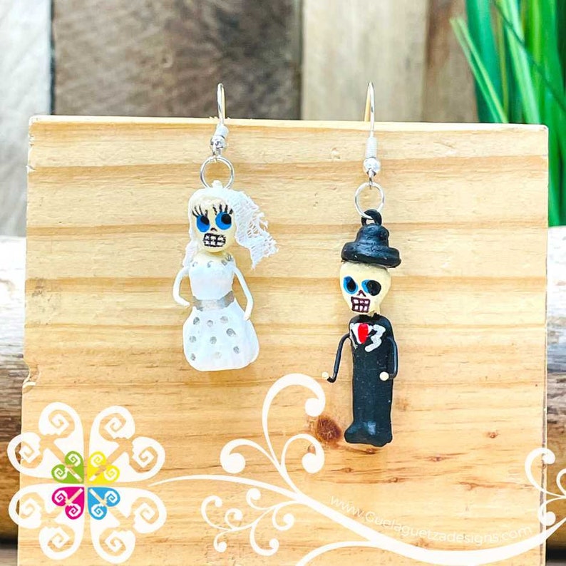 Bride and Groom Calaverita Clay Earrings Mexican Earrings Day of the Dead Earrings image 1