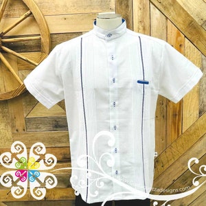 White with Royal Blue Lines Picuela Guayabera - Short Sleeve Linen Guayabera - Mexican Guayabera - Guayabera de Lino