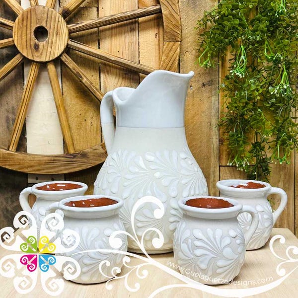 Engobe/White Espiga Pato Pitcher Set - 4 Mugs - Jarra con Tazas - Mother's day Gift Set - Cielito Lindo Mexican Decor
