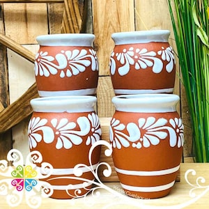 Set of 4 Plumeado Cantarito Cup - Clay Cantarito Cup - Wedding Center Piece - Authentic Mexican Cup- Cielito Lindo