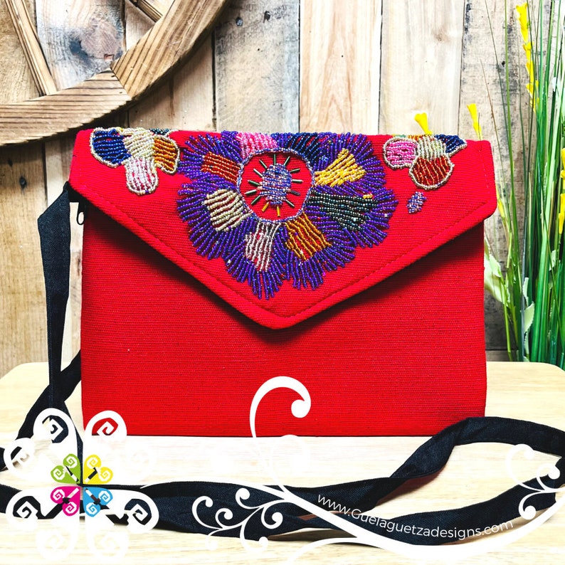 Beaded Boho Crossover - Mexican Bag - Women crossbody Bag Red Daisy