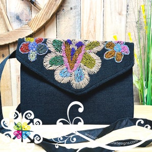 Beaded Boho Crossover - Mexican Bag - Women crossbody Bag Black Morning Glory