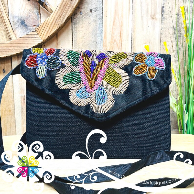 Beaded Boho Crossover - Mexican Bag - Women crossbody Bag Black Morning Glory