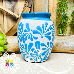 Jarrón de arcilla Blue Espiga Plumeado Bola - Florero Barro - Jarrón mexicano auténtico - Florero de Barro