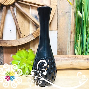 Medium Gourd Black Clay Vase - Barro Negro Oaxaca- Barro Artisanal - Mexican Décor