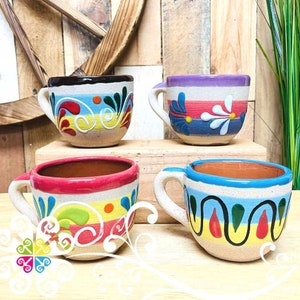 Set of 4 Round Coffee Clay Mugs - Taza Barro Mexicana - Taza de Cafe