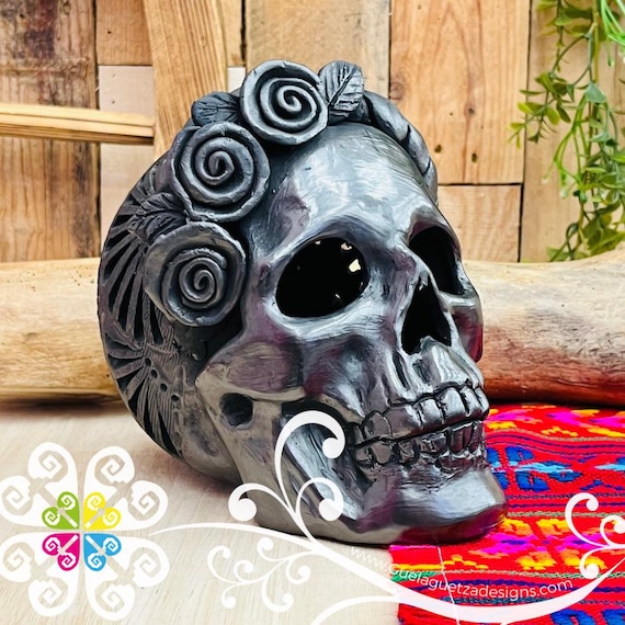 Large Frida Skull - Black Clay Oaxaca - Authentic Mexican Art