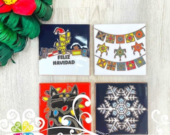 Christmas Coaster Set - Set of 4 Coaster - Mexican Coaster Set - Portavados Navidenos