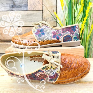 Artisan Leather Women Loafers - Mexican Shoe - Aztec Bird Design
