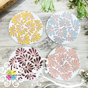 Set of 4 Round Plumeado Mix Coaster Set - Set of Clay Coasters - Cielito Lindo Mexican Decor