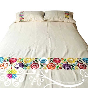 Queen Size - Tehuana Embroider Pedal Loom Bed Cover Set - Mexican Bedcover