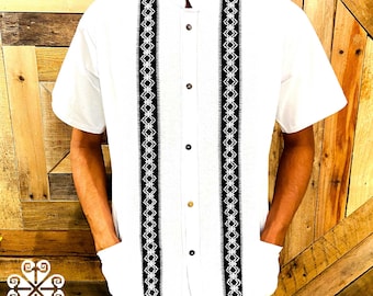 White Pepita Guayabera - Mexican Shirt - Summer Men Shirt