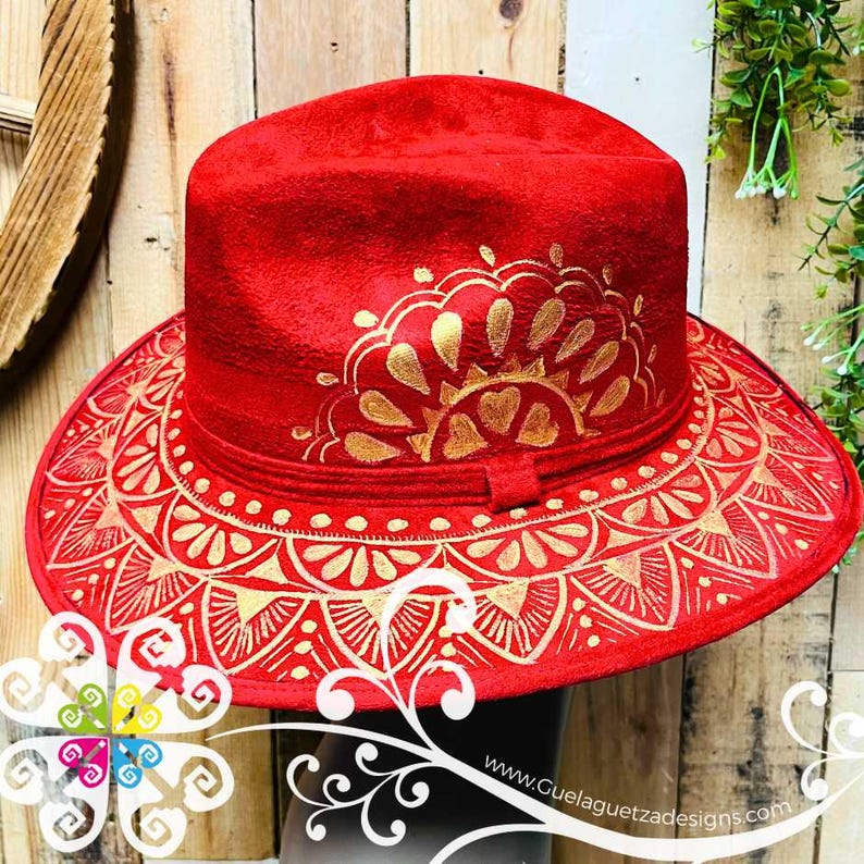Red Rhombus Mitla Velvet Hat - Hand Painted Hat
