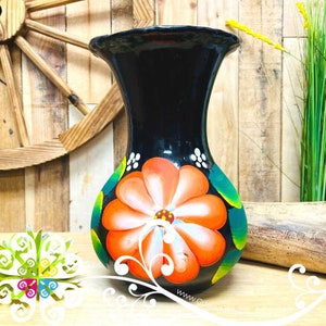 Medium Black Clay Hand Painted Vase - Barro Negro Oaxaca - Authentic Mexican Home Decor
