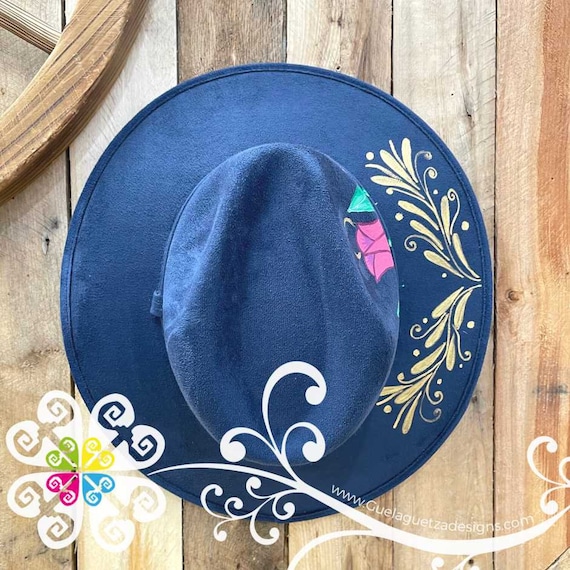 Navy Blue Tulips Hat- Hand Painted Fall Hat - Mexican Sombrero