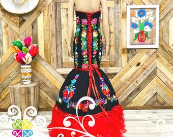 strapless open back dress Embroidered Mexican Evening Dress