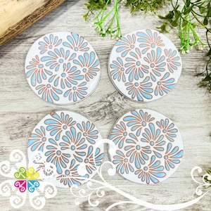 Set of 4 Round Plumeado Coaster Set - Set of Clay Coasters - Cielito Lindo Mexican Decor