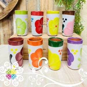 Set of 4 or 8 Tequilero Decorado - Tequilero Set - Taza Mexicana - Mexican Clay Mug