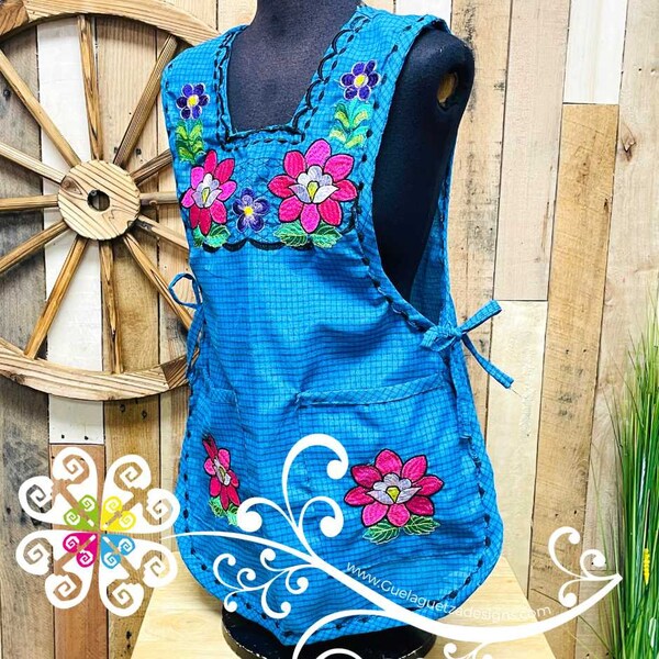 Blue with Pink Orchids Escapulario Embroider Apron - Mandil Artesanal