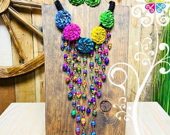 Flower Set Palm - Authentic Mexican Jewelry Set - Necklace and Earrings