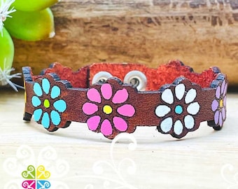 Small Flower Vine Leather Bracelet - Mexican Bracelet - Unique Gift