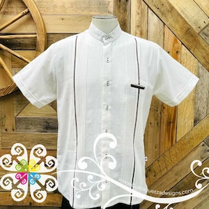 Beige with Brown Lines Picuela Guayabera - Short Sleeve Linen Guayabera - Mexican Guayabera - Guayabera de Lino