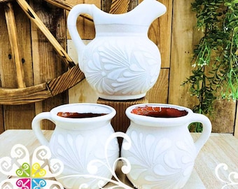 Small White Espiga Lechera Pitcher Set - 2 Mugs
