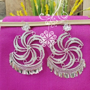 Pendientes Mexicanos Grandes de Filigrana de Plata - Pendientes de Tehuana - Joyas Auténticas oaxacaicas - Pendientes de filigrana mexicanos - Danza Folclórica