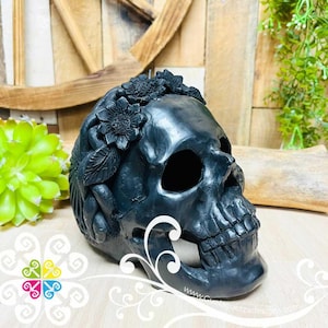 Large Frida Skull  - Black Clay Oaxaca - Authentic Mexican Art - Day of the dead
