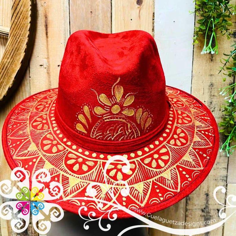Red Rhombus Mitla Velvet Hat - Hand Painted Hat main image 0