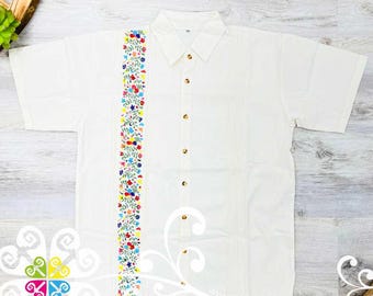 Beige Vine Flowers - Embroider Men Shirt - Authentic Mexican Shirt - Guayabera Manta