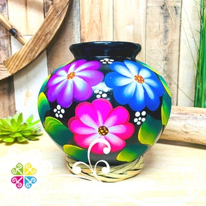 Large Painted Cantarito Black Clay Vase - Barro Negro Oaxaca- Barro Artesanal - Mexican Decor