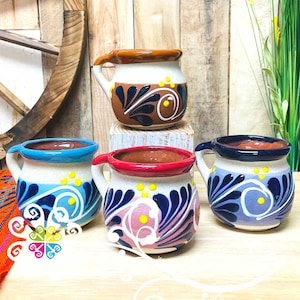 Set of 4 Medium Decorated Mexican Clay Mugs - Jarrito Mexicano - Mexican Authentic Clay