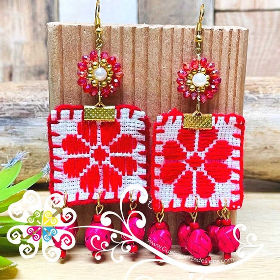 Embroidered Daisy- Palm Earrings Authentic Mexican Jewelry