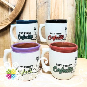 Set of 4 But First Cafecito Clay Mugs - Taza Barro - Coffee Mexican Mugs