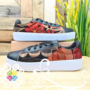 Black Women Sneakers - Tennis Shoes - Mexican Embroider Shoes