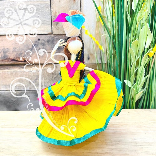 Large Corn Husk Mexican Doll Authentic Decor Wide Skirt Etsy