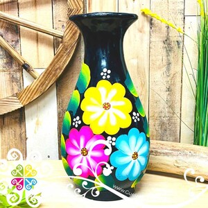 Jumbo Black Clay Hand Painted Vase - Barro Negro Oaxaca - Authentic Mexican Home Decor
