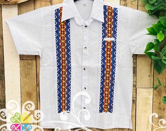White with Blue Guayabera Michoacán - Embroider Men Shirt