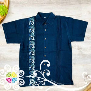 Navy Blue Plumeado - Embroider Men Shirt - Authentic Mexican Shirt - Guayabera Manta