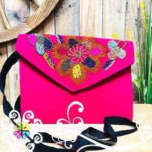 Beaded Boho Crossover - Mexican Bag - Women crossbody Bag Fuchsia Daisy
