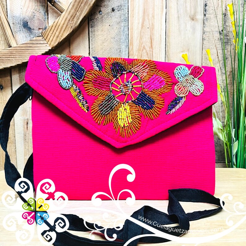 Beaded Boho Crossover - Mexican Bag - Women crossbody Bag Fuchsia Daisy