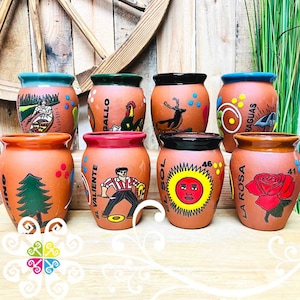 Set of 8 Loteria Cantarito Cup - Fiesta Clay Cantarito - Cantarito Mexicano - Michelada Cup