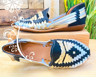 Black with Metallics Leather Shoes - Mexican Shoes - Women Flat shoes